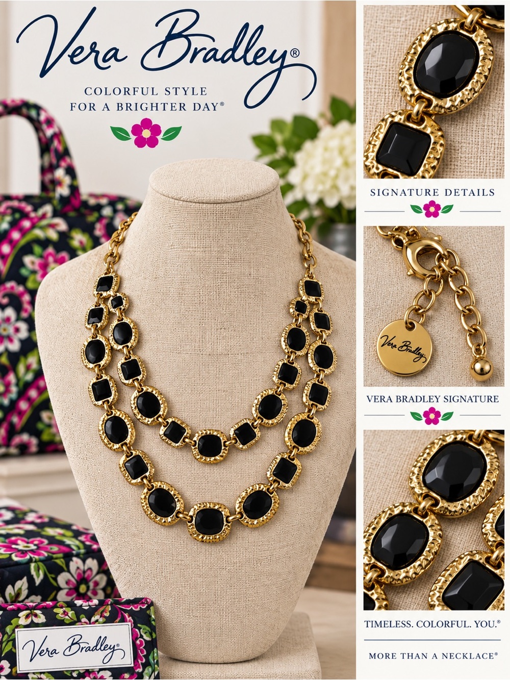 Vera Bradley Gold-Tone Double-Strand Necklace with Black Stones